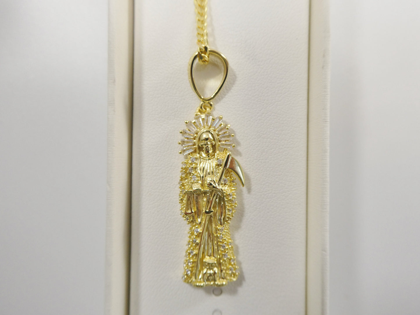 Sterling Silver Santa Muerte Pendant Necklace: 14k Gold Finish