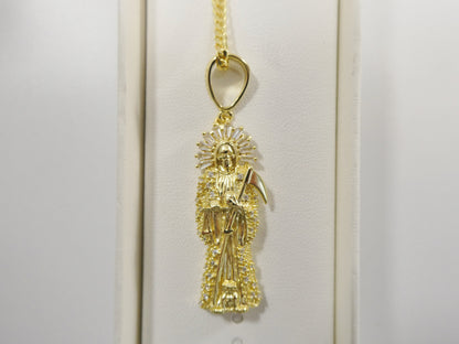 Sterling Silver Santa Muerte Pendant Necklace: 14k Gold Finish