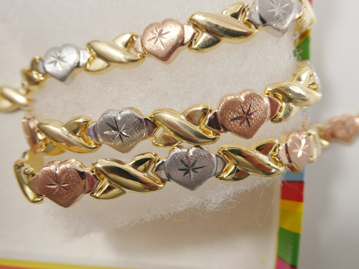 Sterling Silver XO Heart Necklace: Tri-Color 14k Gold Finish