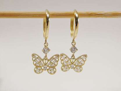Real 10k Solid Yellow Gold Butterfly Drop Baguette Setting Hoop Huggie Earrings