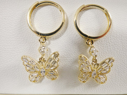 Real 10k Solid Yellow Gold Butterfly Drop Baguette Setting Hoop Huggie Earrings
