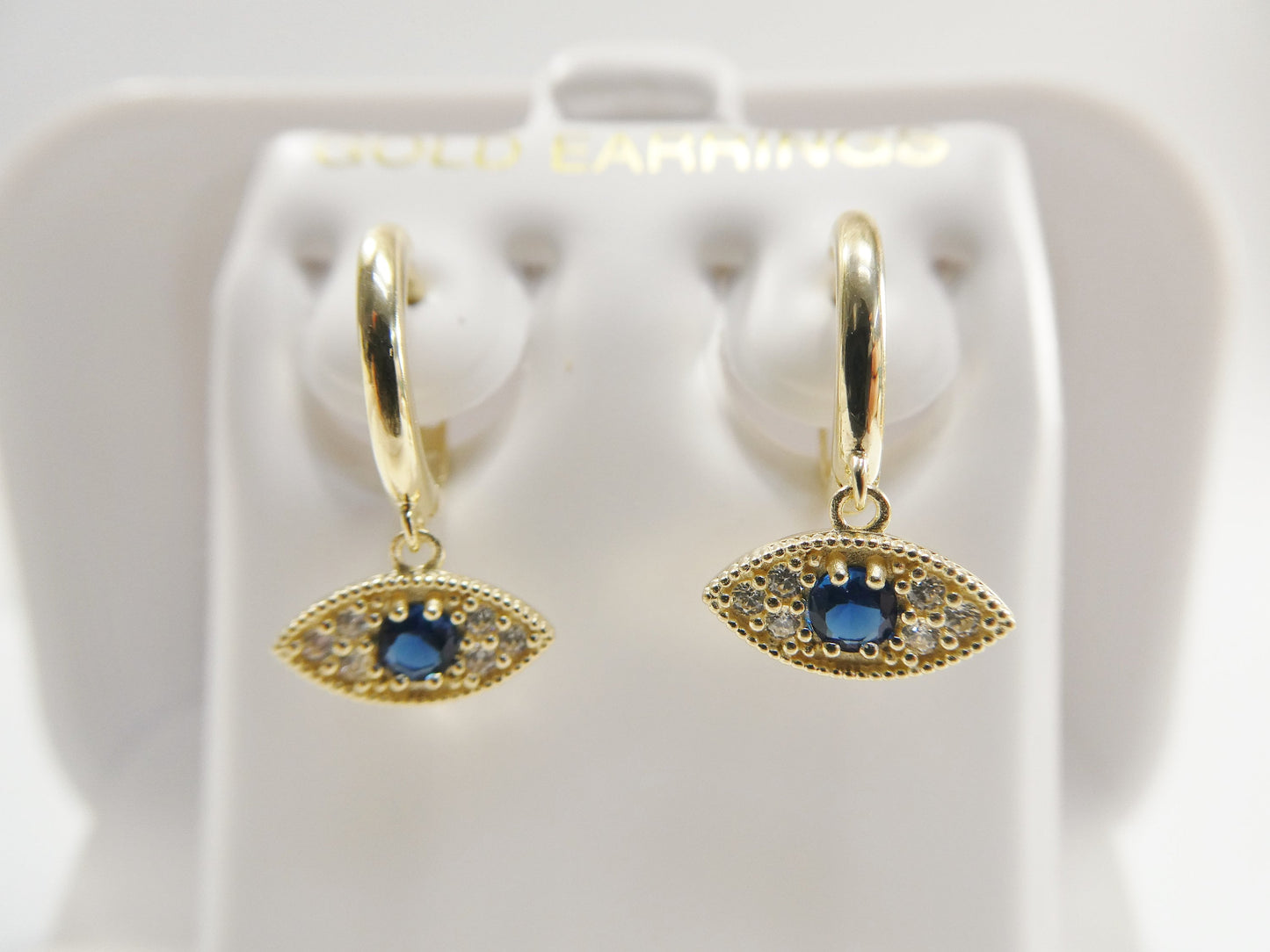 10k Real Yellow Gold Sapphire Blue Stone Evil Eye Dropping Plain Huggie Earrings