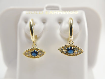10k Real Yellow Gold Sapphire Blue Stone Evil Eye Dropping Plain Huggie Earrings
