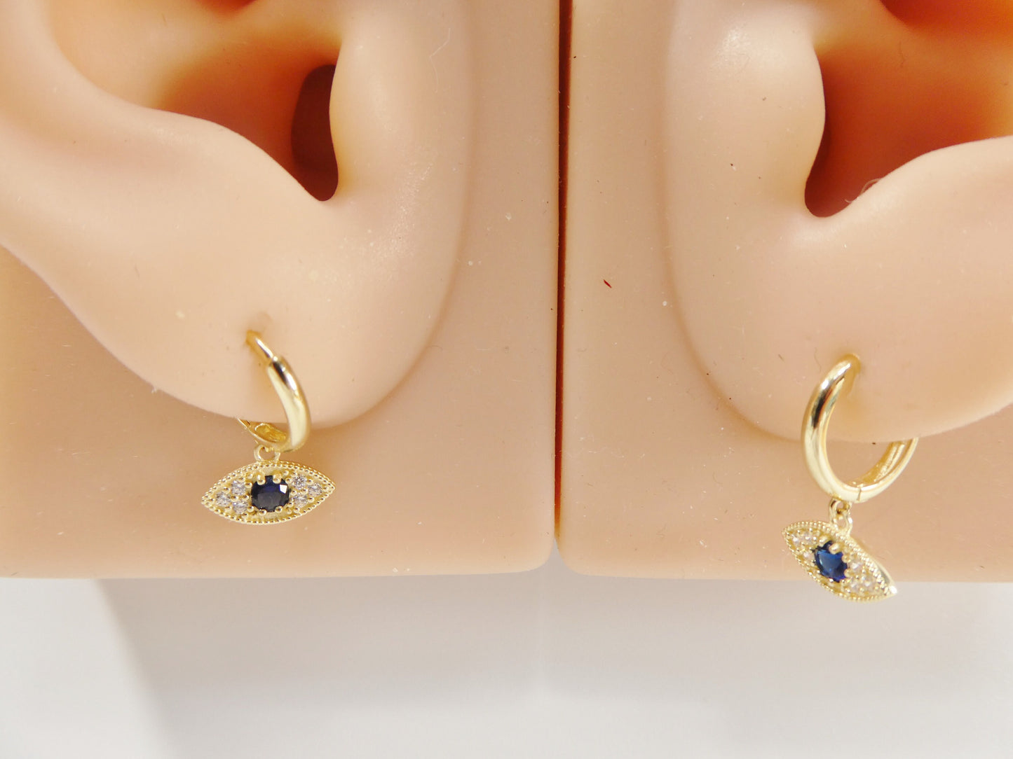 10k Real Yellow Gold Sapphire Blue Stone Evil Eye Dropping Plain Huggie Earrings
