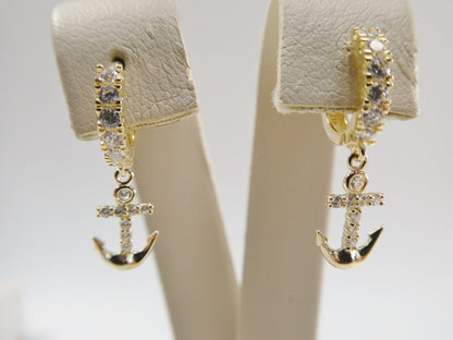 10k Real Yellow Gold Anchor Dangling Huggie Hoop Earrings