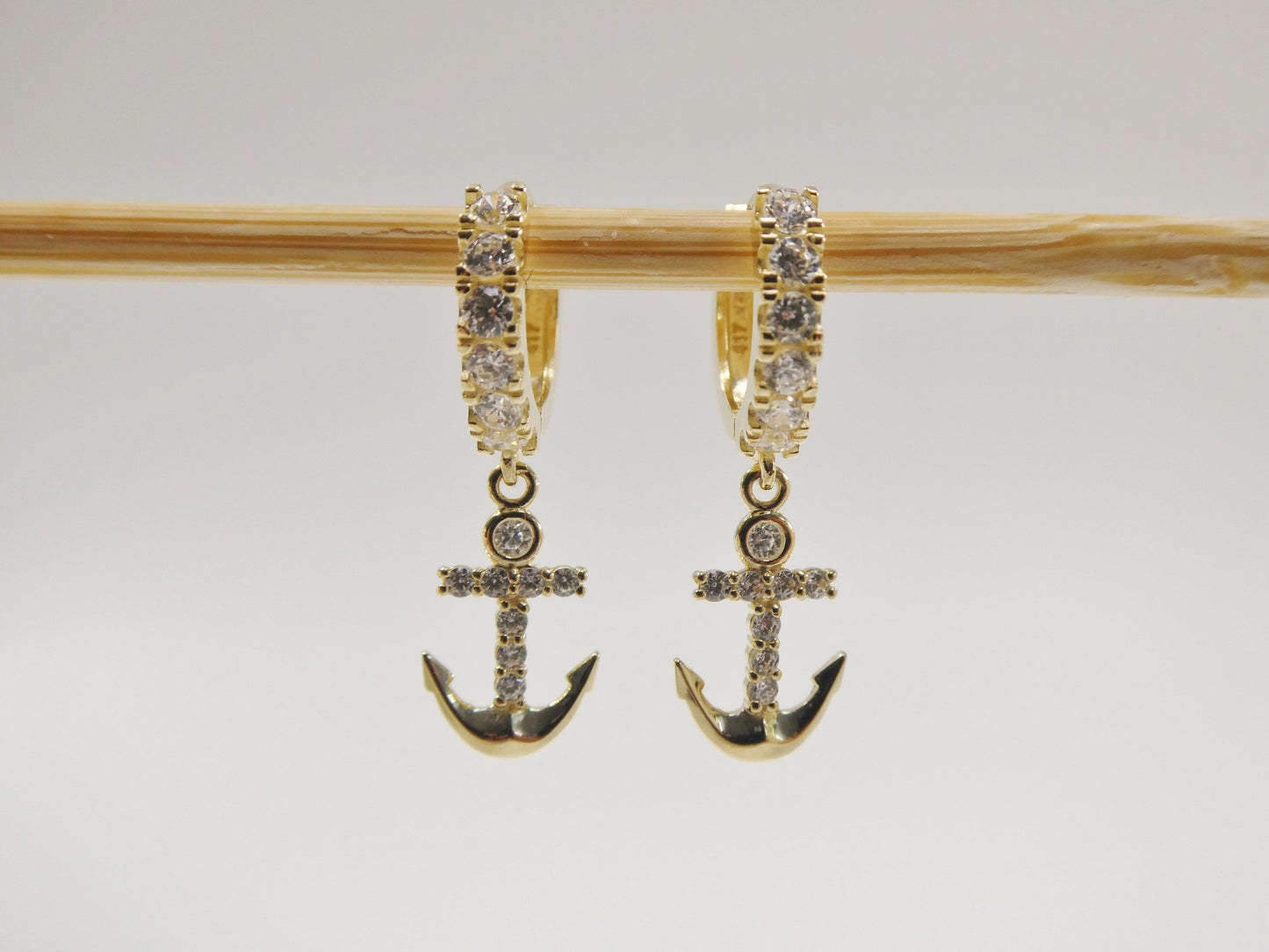 10k Real Yellow Gold Anchor Dangling Huggie Hoop Earrings