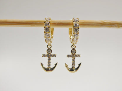 10k Real Yellow Gold Anchor Dangling Huggie Hoop Earrings