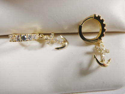 10k Real Yellow Gold Anchor Dangling Huggie Hoop Earrings