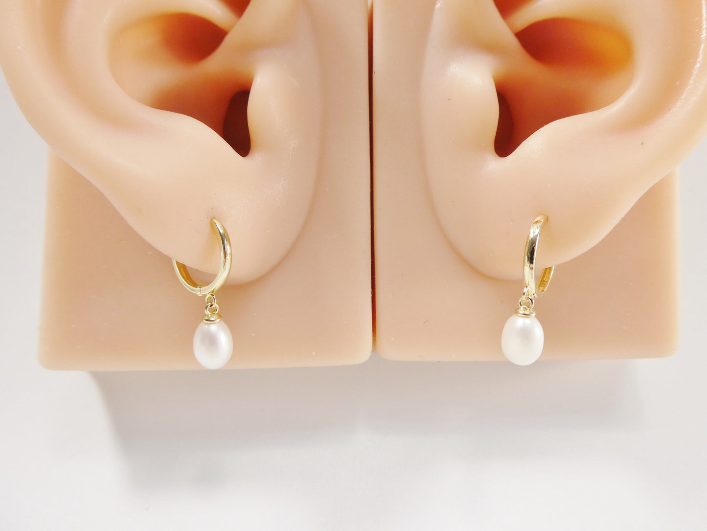 real 10k solid yellow gold dangling cultured freshwater pearl  plain hoop huggie earrings
