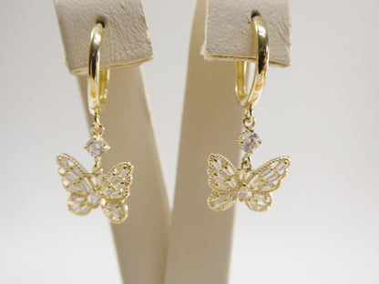 Real 10k Solid Yellow Gold Butterfly Drop Baguette Setting Hoop Huggie Earrings