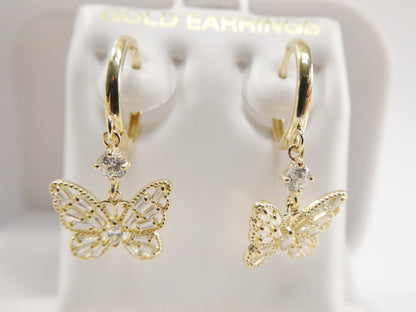 Real 10k Solid Yellow Gold Butterfly Drop Baguette Setting Hoop Huggie Earrings