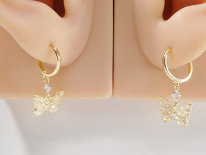 Real 10k Solid Yellow Gold Butterfly Drop Baguette Setting Hoop Huggie Earrings