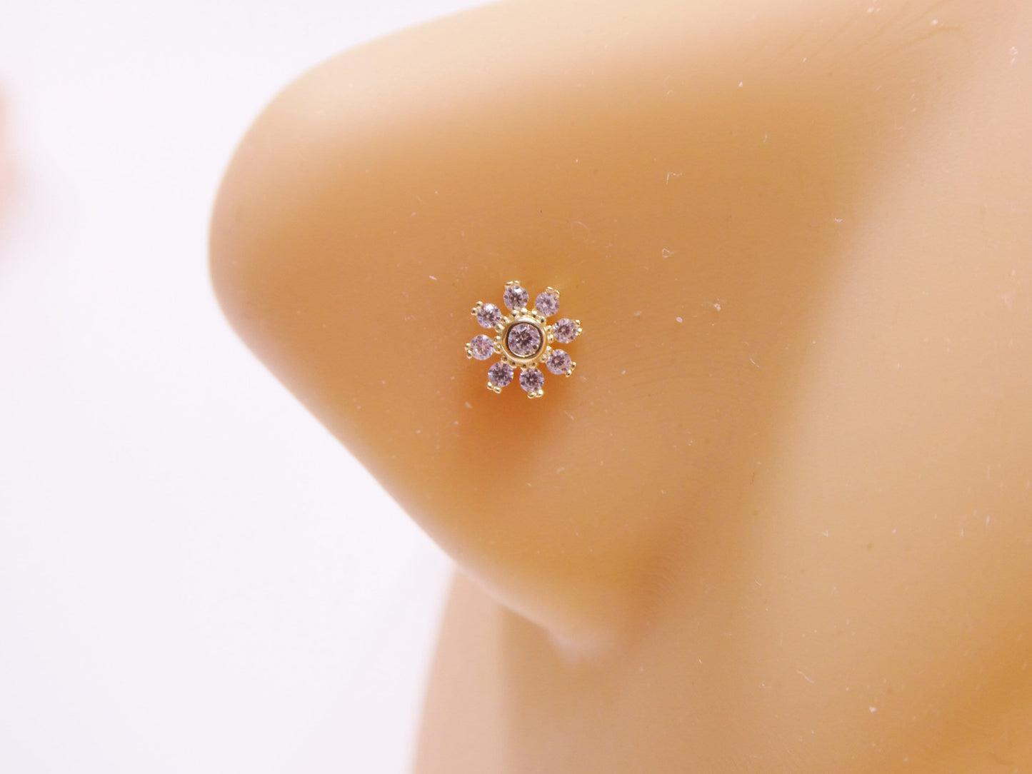 14k Real Solid Yellow Gold Flower L-Shape Stud Nose Ring