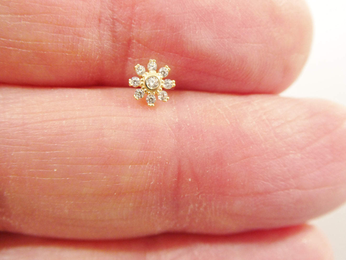14k Real Solid Yellow Gold Flower L-Shape Stud Nose Ring