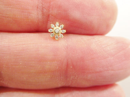 14k Real Solid Yellow Gold Flower L-Shape Stud Nose Ring