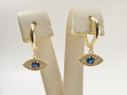 10k Real Yellow Gold Sapphire Blue Stone Evil Eye Dropping Plain Huggie Earrings
