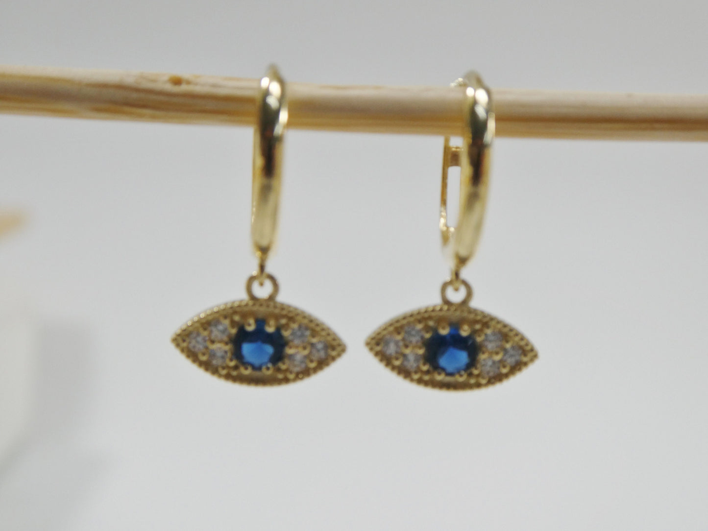 10k Real Yellow Gold Sapphire Blue Stone Evil Eye Dropping Plain Huggie Earrings