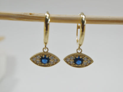 10k Real Yellow Gold Sapphire Blue Stone Evil Eye Dropping Plain Huggie Earrings
