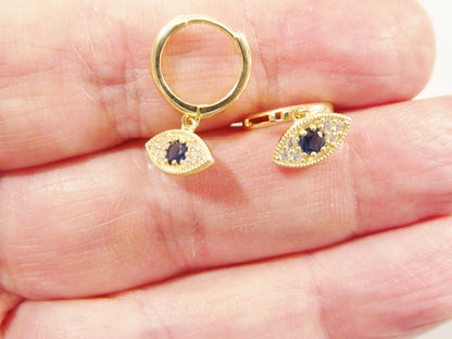 10k Real Yellow Gold Sapphire Blue Stone Evil Eye Dropping Plain Huggie Earrings