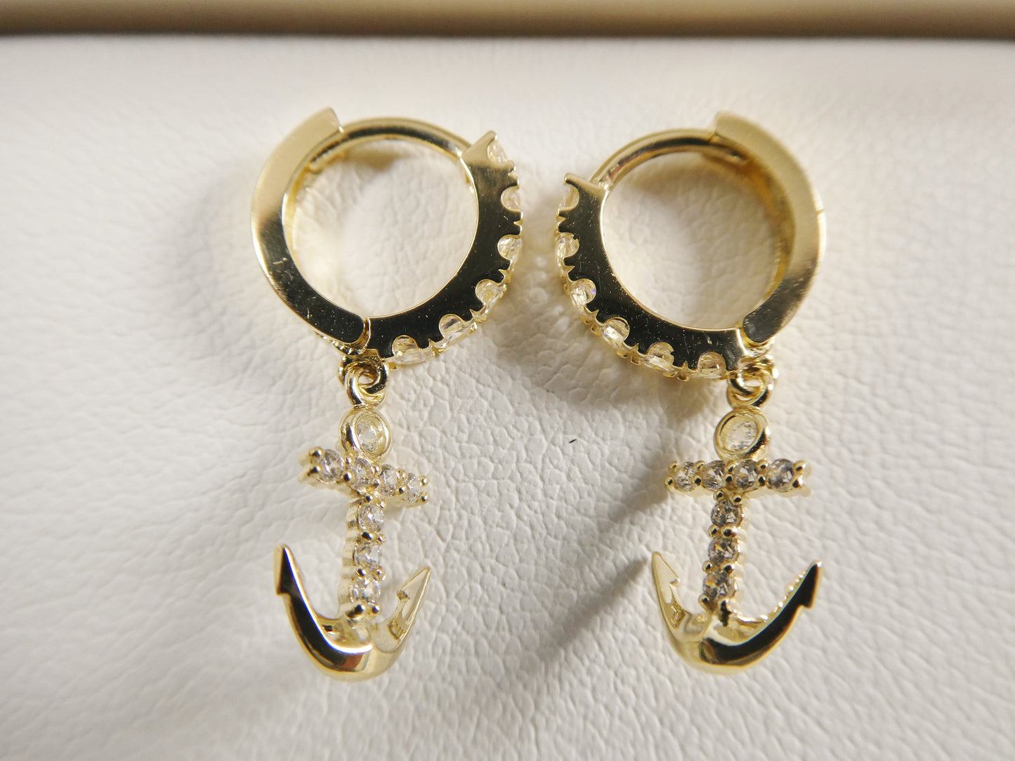 10k Real Yellow Gold Anchor Dangling Huggie Hoop Earrings