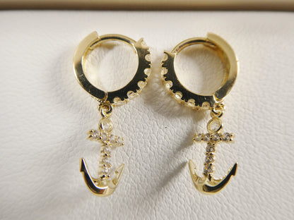 10k Real Yellow Gold Anchor Dangling Huggie Hoop Earrings