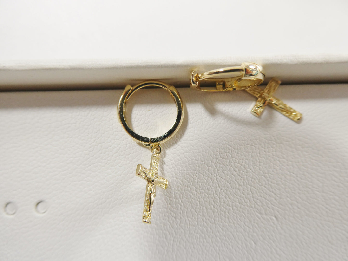real 10k solid yellow gold cross dropping hoop huggie earrings