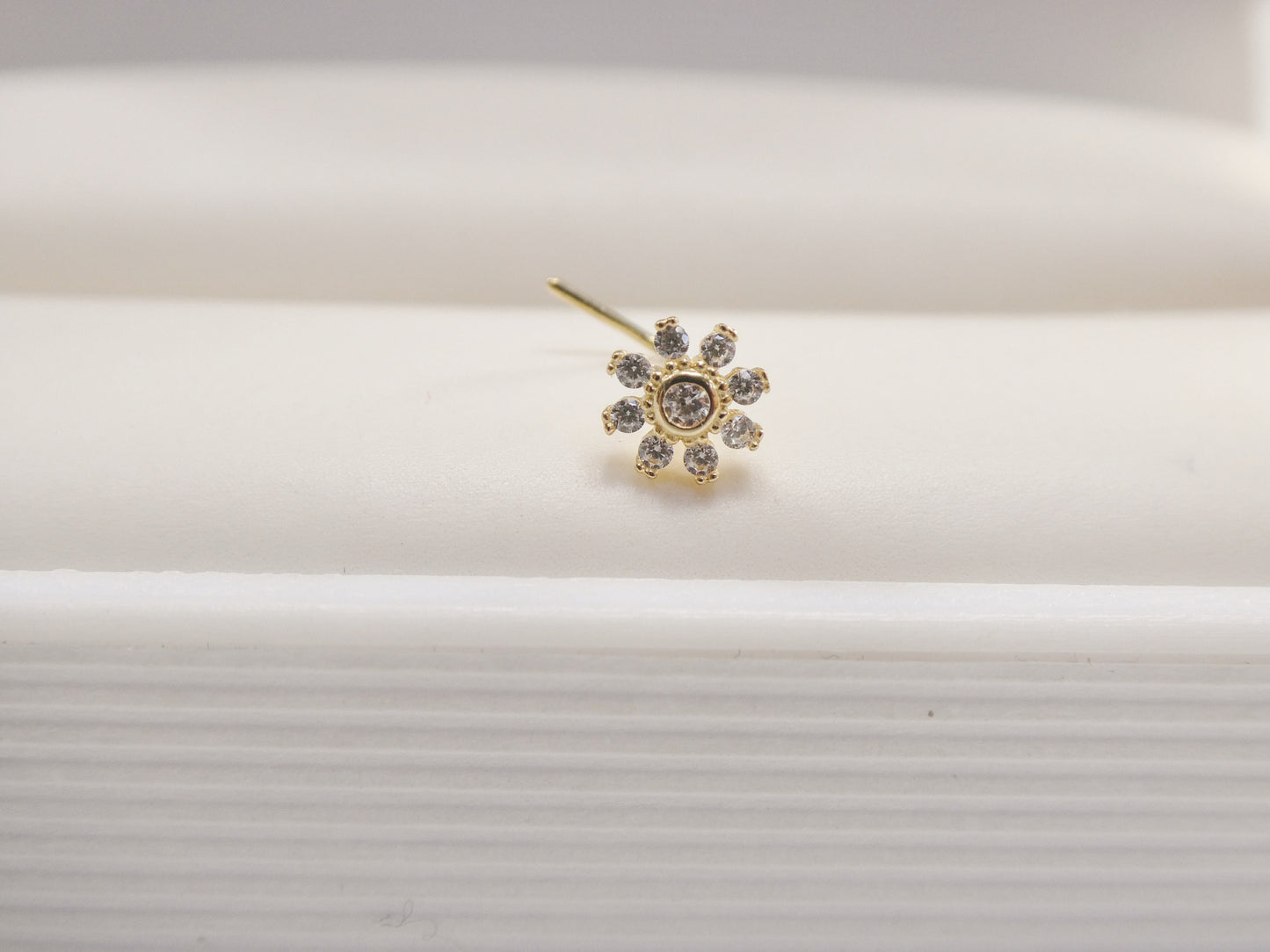 14k Real Solid Yellow Gold Flower L-Shape Stud Nose Ring