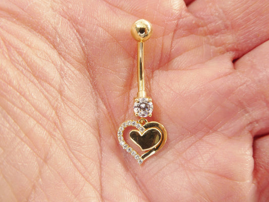 14k real solid yellow gold heart dangling belly button ring piercing