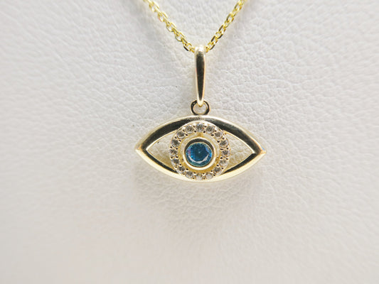 14k real solid yellow gold evil eye pendent and cable necklace