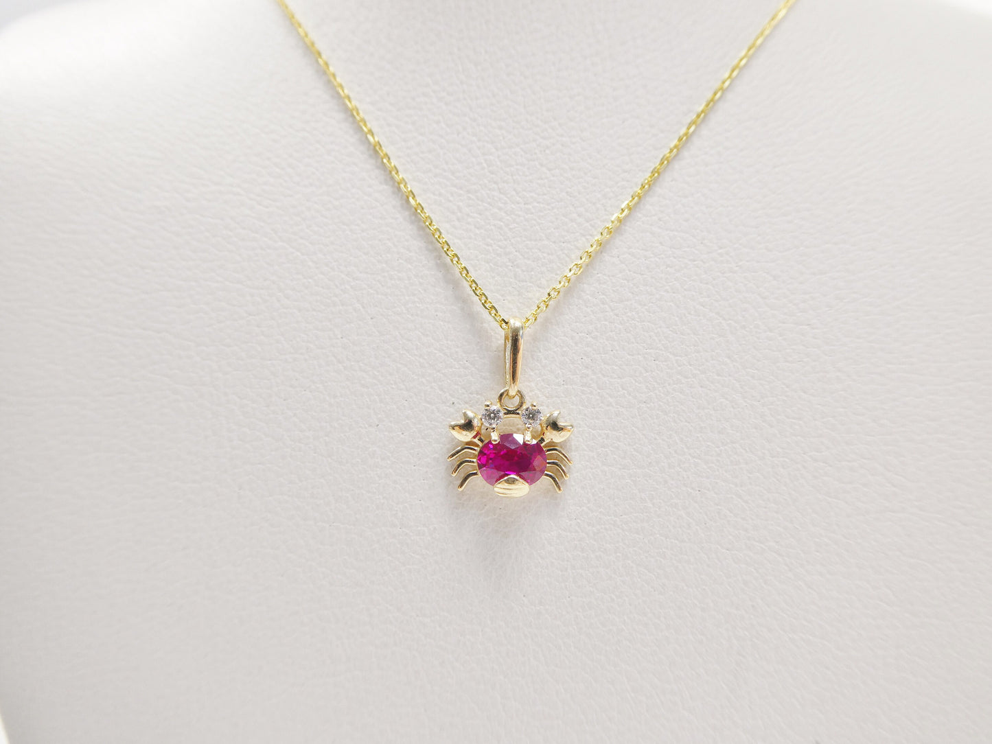 14k real solid yellow gold red stone crab pendent and cable necklace