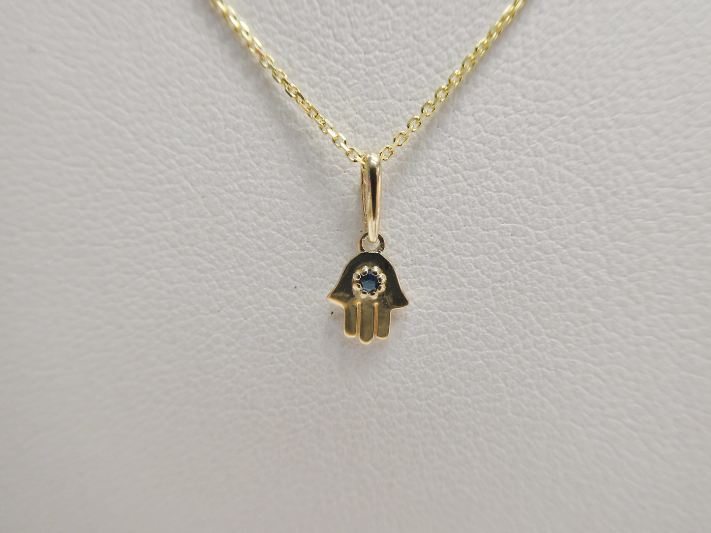 14k real solid yellow gold tiny hand hamsa  pendent and cable necklace