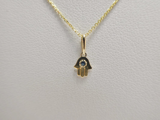 14k real solid yellow gold tiny hand hamsa  pendent and cable necklace