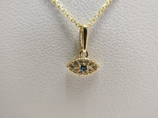 14k real solid yellow gold small evil eye pendent and cable necklace