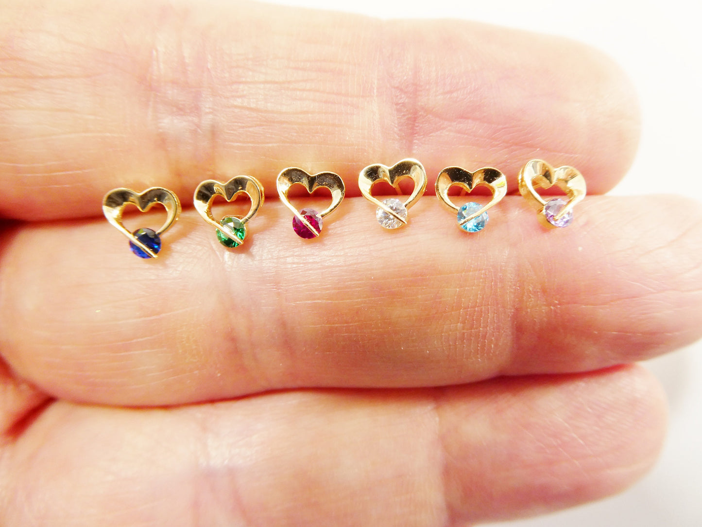 14k Real Solid Yellow Gold Screw Back Children Earrings Birth Stone Heart Shape