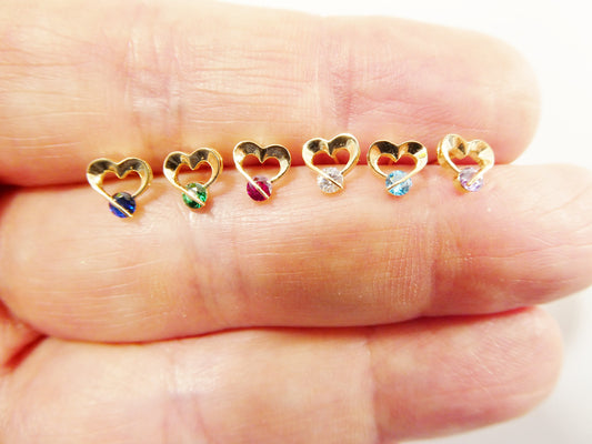 14k real solid yellow gold screw back children earrings birth stone heart shape