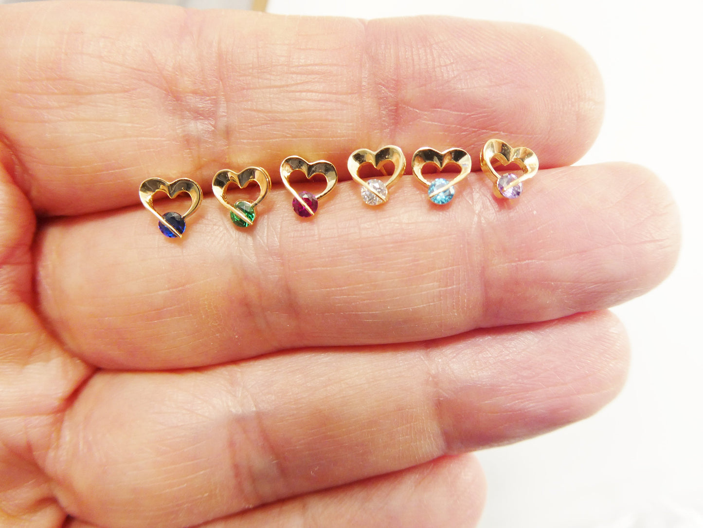 14k Real Solid Yellow Gold Screw Back Children Earrings Birth Stone Heart Shape