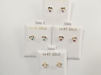 14k Real Solid Yellow Gold Screw Back Children Earrings Birth Stone Heart Shape