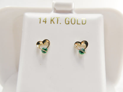 14k Real Solid Yellow Gold Screw Back Children Earrings Birth Stone Heart Shape