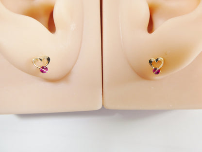 14k Real Solid Yellow Gold Screw Back Children Earrings Birth Stone Heart Shape