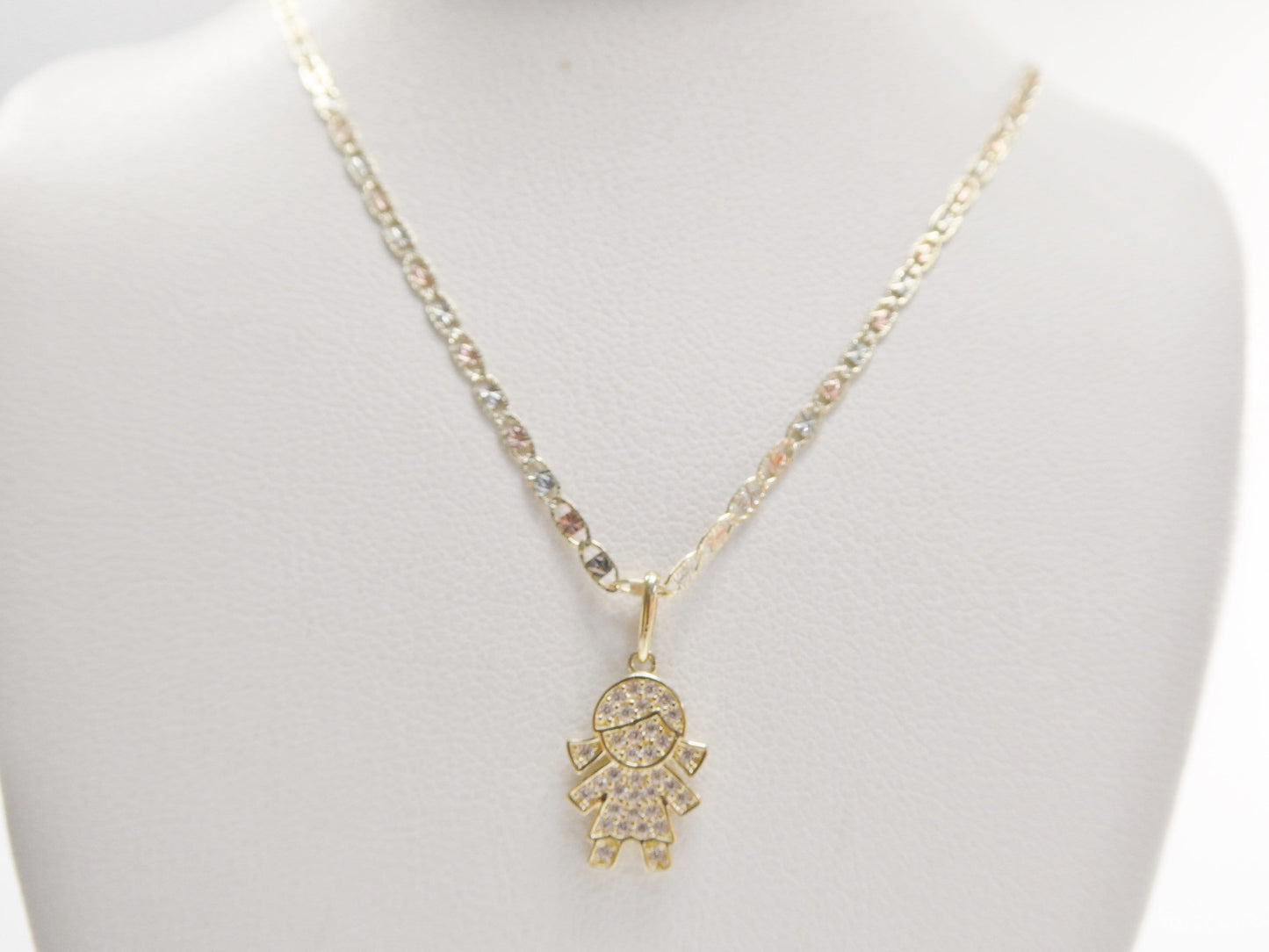 10k real solid yellow gold small girl pendent and 16 inch Valentino necklace
