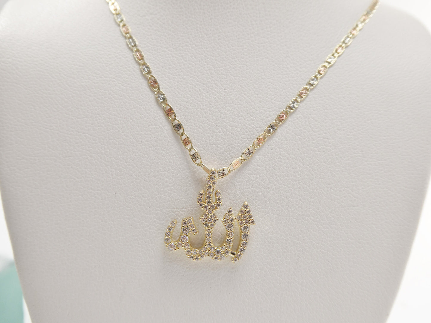 10k real solid yellow gold small ALLAH Muslim pendent and 16 inch Valentino necklace