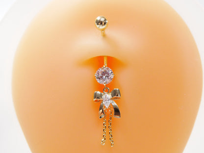 14k Real Solid Yellow Gold Bow-Tie Belly Button Ring Piercing