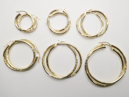 14K Real Solid Yellow Gold Round Hoop Earrings Snap Closure Diamond Cut Finish