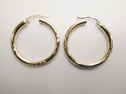 14K Real Solid Yellow Gold Round Hoop Earrings Snap Closure Diamond Cut Finish