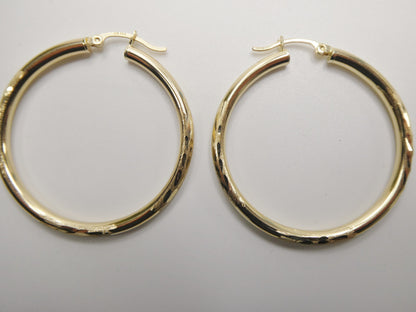14K Real Solid Yellow Gold Round Hoop Earrings Snap Closure Diamond Cut Finish