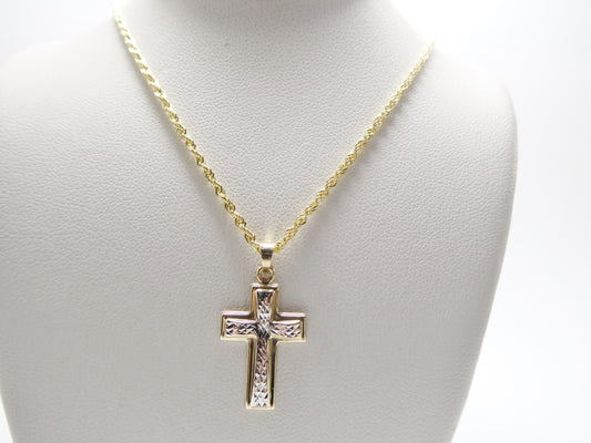 14k real solid yellow gold two tone cross pendent and robe necklace
