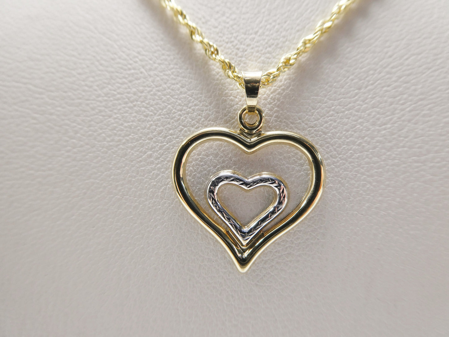 14k real solid yellow gold two tone double heart pendent and robe necklace
