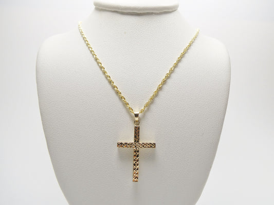 14k real solid yellow gold diamond cut cross pendent and robe necklace