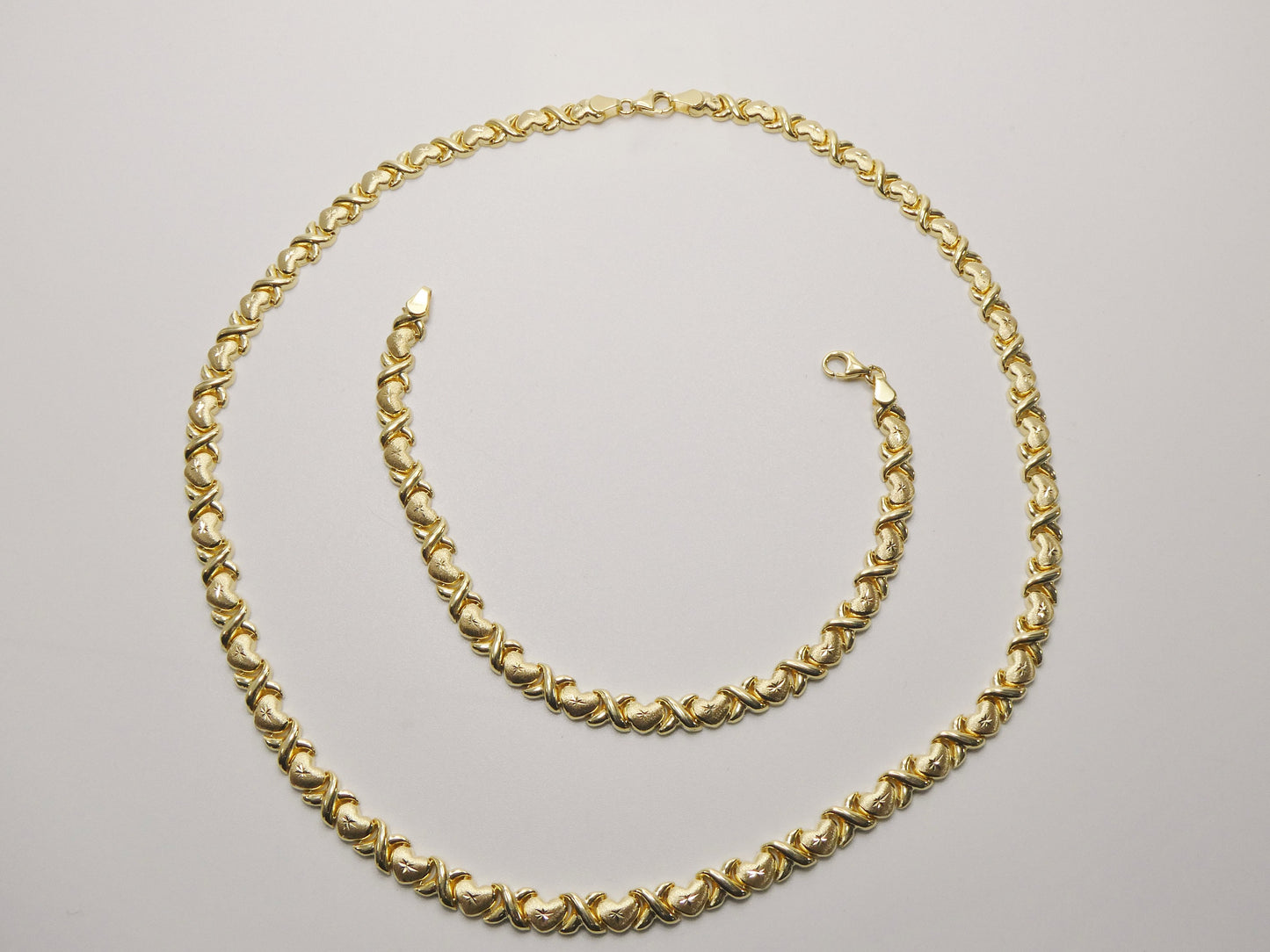 Sterling Silver XO Necklace Bracelet Set: 14k Gold Finish