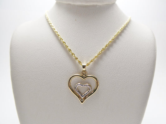 14k real solid yellow gold two tone double heart pendent and robe necklace